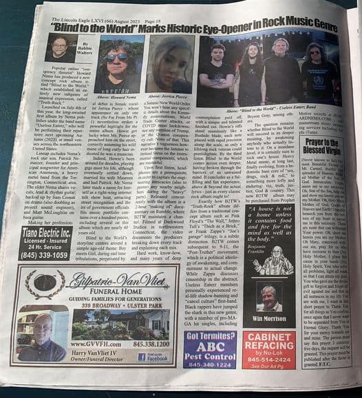 May be an image of 9 people, newsstand and text that says 'The L”nco EagleL (66) August Blind to the World Walters Historic Eye- Openeri Bryson Tiano Electric Licensed (845) 339- Franklin FUNERAL HOME GUIDING GENERATIONS 339 BROADWAY. ULSTER www.GVVFH.com Win Morrison 845.338.1200 Owner/FuneralDir Director Got Termites? ABC Pest Control 1224 CABINET REFACING 845-514-2424 APg'